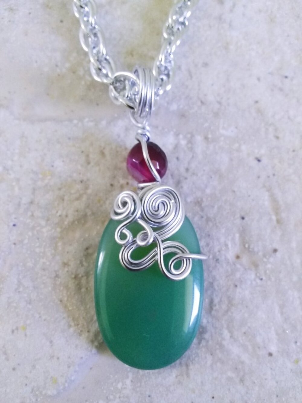 Handmade! Green + Raspberry Agate Pendant w. 18" Rope Chain - Vibrantly Unique! - Picture 8 of 11